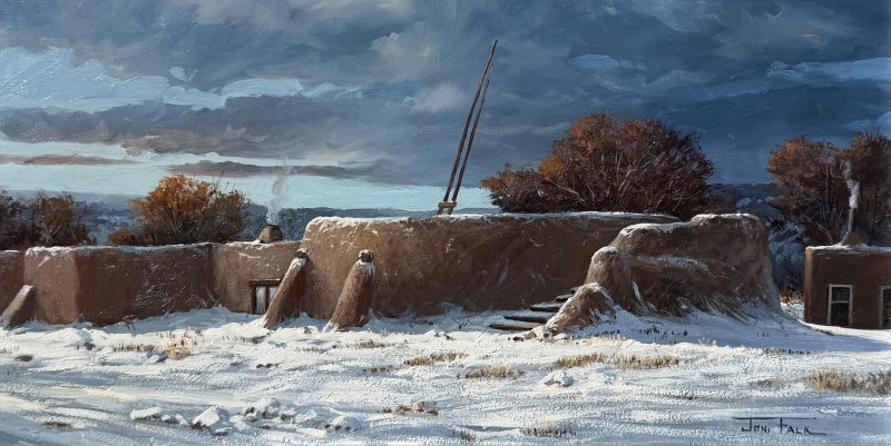 Joni Falk Kiva Serenity Taos Pueblo adobe village architecture architectural western oil painting snow Santa Fe Taos New Mexico