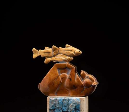 Tim Cherry Salmons A Foot grizzly fish lake stream river contemporary wildlife sculpture