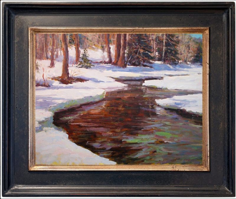 Lorenzo Chavez Spring Thaw snow river stream brook trees forest high mountains western oil painting framed