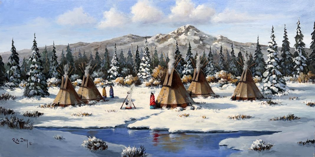 Rose Ann Day Place Of Contentment Native American Indian tee pee tipi encampment western oil painting
