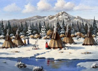 Rose Ann Day Place Of Contentment Native American Indian tee pee tipi encampment western oil painting