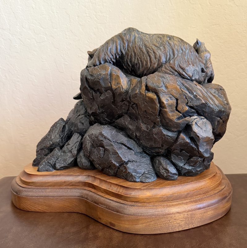 Ken Rowe First Day Of School wildlife bronze sculpture grizzly bear cub salmon fish stream river brook back