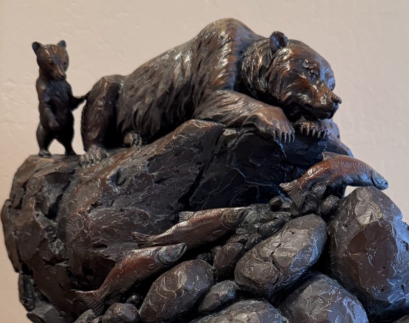 Ken Rowe First Day Of School wildlife bronze sculpture grizzly bear cub salmon fish stream river brook fishing