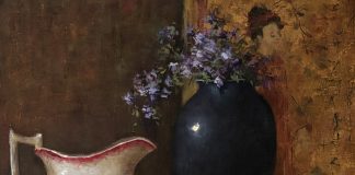 Linda Dobkin Red Bowl floral stillife still life vase Asian fruit oil painting