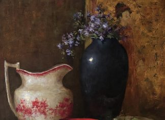 Linda Dobkin Red Bowl floral stillife still life vase Asian fruit oil painting