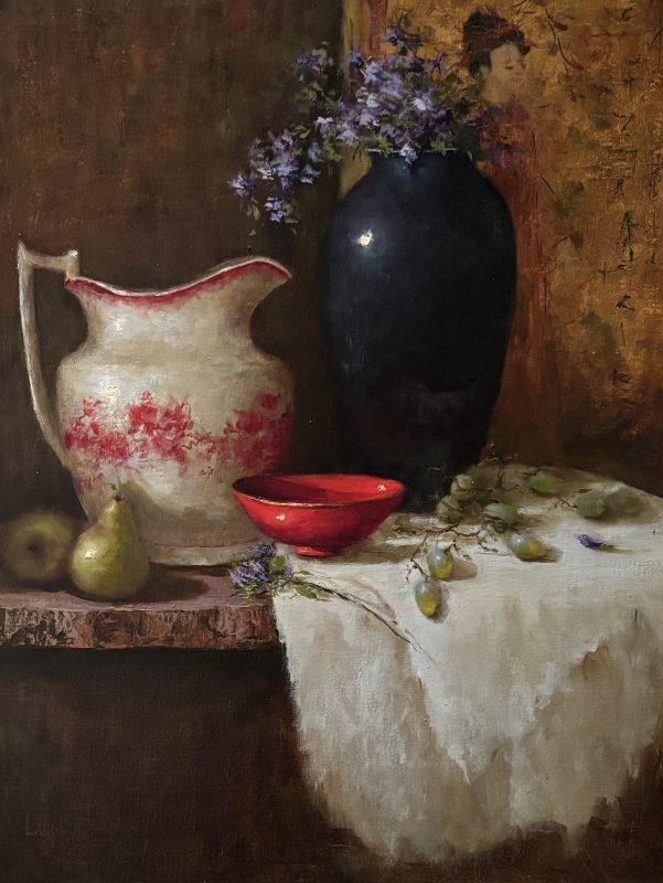 Linda Dobkin Red Bowl floral stillife still life vase Asian fruit oil painting