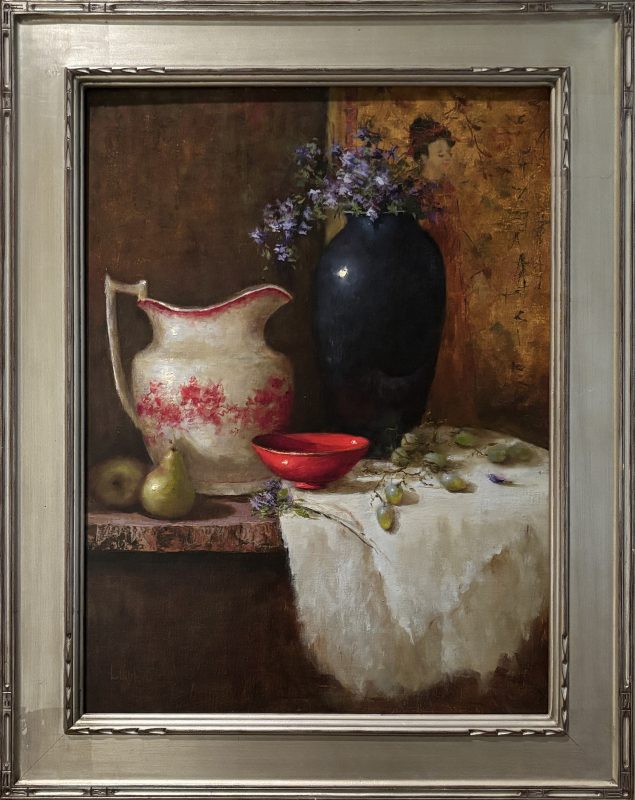 Linda Dobkin Red Bowl floral stillife still life vase Asian fruit oil painting framed