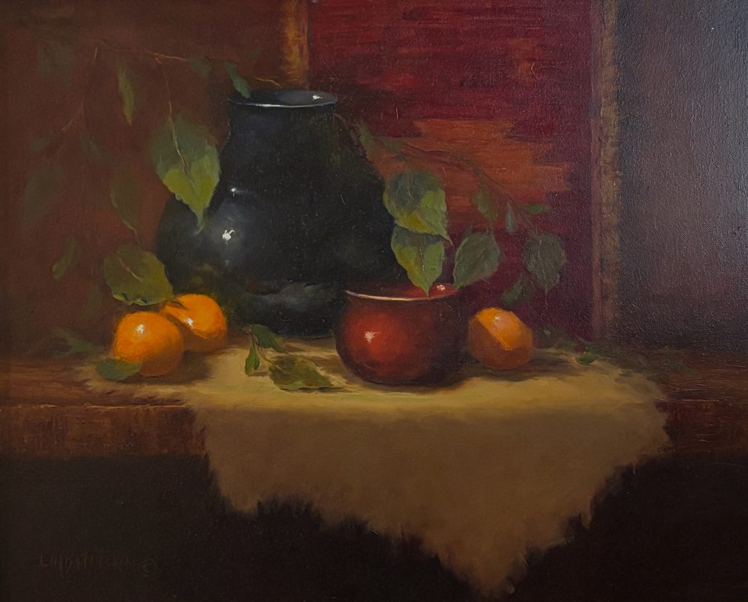 Linda Dobkin Afternoon Light stillife still life oil painting fruit tapestry