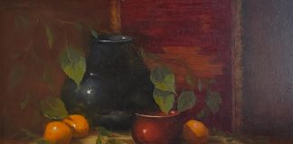 Linda Dobkin Afternoon Light stillife still life oil painting fruit tapestry
