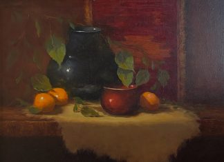 Linda Dobkin Afternoon Light stillife still life oil painting fruit tapestry