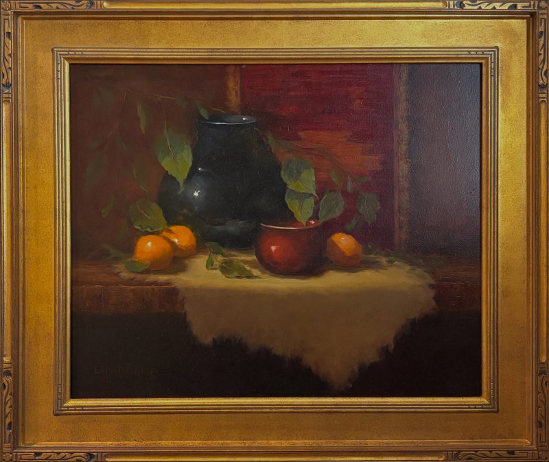 Linda Dobkin Afternoon Light stillife still life oil painting fruit tapestry framed