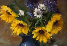 Linda Dobkin Sunflowers And Blue Vase stillife still life sunflower white tablecloth flower floral oil painting