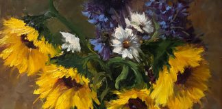 Linda Dobkin Sunflowers And Blue Vase stillife still life sunflower white tablecloth flower floral oil painting