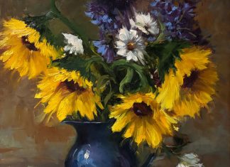 Linda Dobkin Sunflowers And Blue Vase stillife still life sunflower white tablecloth flower floral oil painting