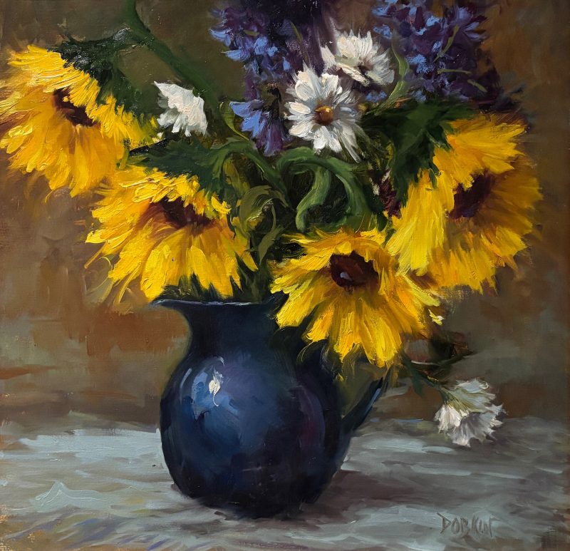 Linda Dobkin Sunflowers And Blue Vase stillife still life sunflower white tablecloth flower floral oil painting