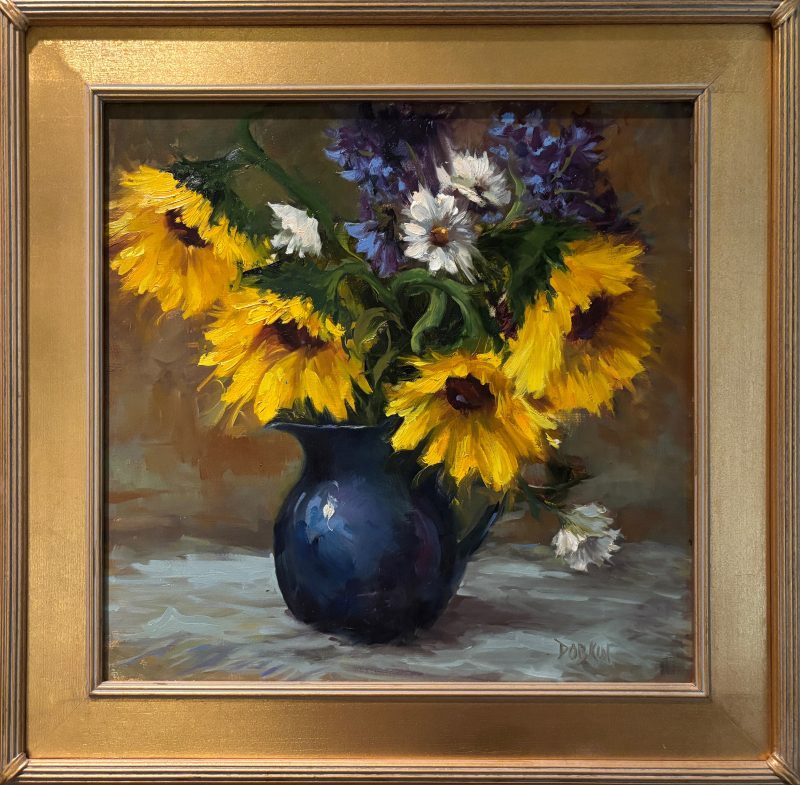 Linda Dobkin Sunflowers And Blue Vase stillife still life sunflower white tablecloth flower floral oil painting framed