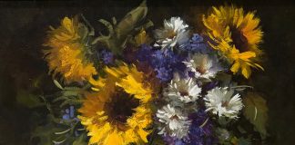 Linda Dobkin Sunflowers and Melon stillife still life sunflower white tablecloth fruit flower floral oil painting