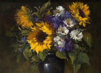 Linda Dobkin Sunflowers and Melon stillife still life sunflower white tablecloth fruit flower floral oil painting