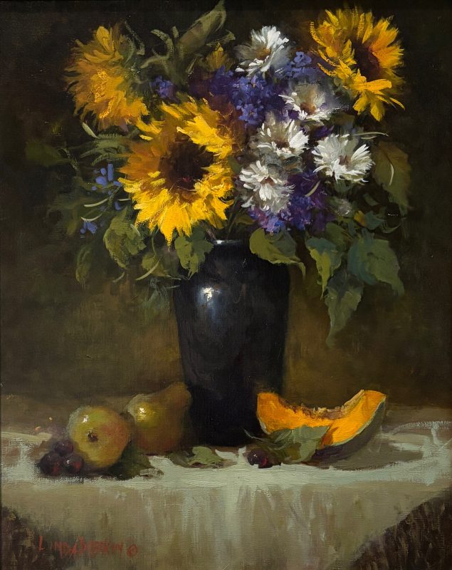 Linda Dobkin Sunflowers and Melon stillife still life sunflower white tablecloth fruit flower floral oil painting