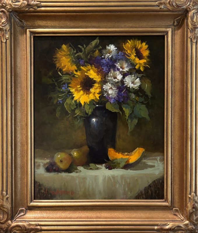 Linda Dobkin Sunflowers And Melon stillife still life sunflower white tablecloth fruit flower floral oil painting framed