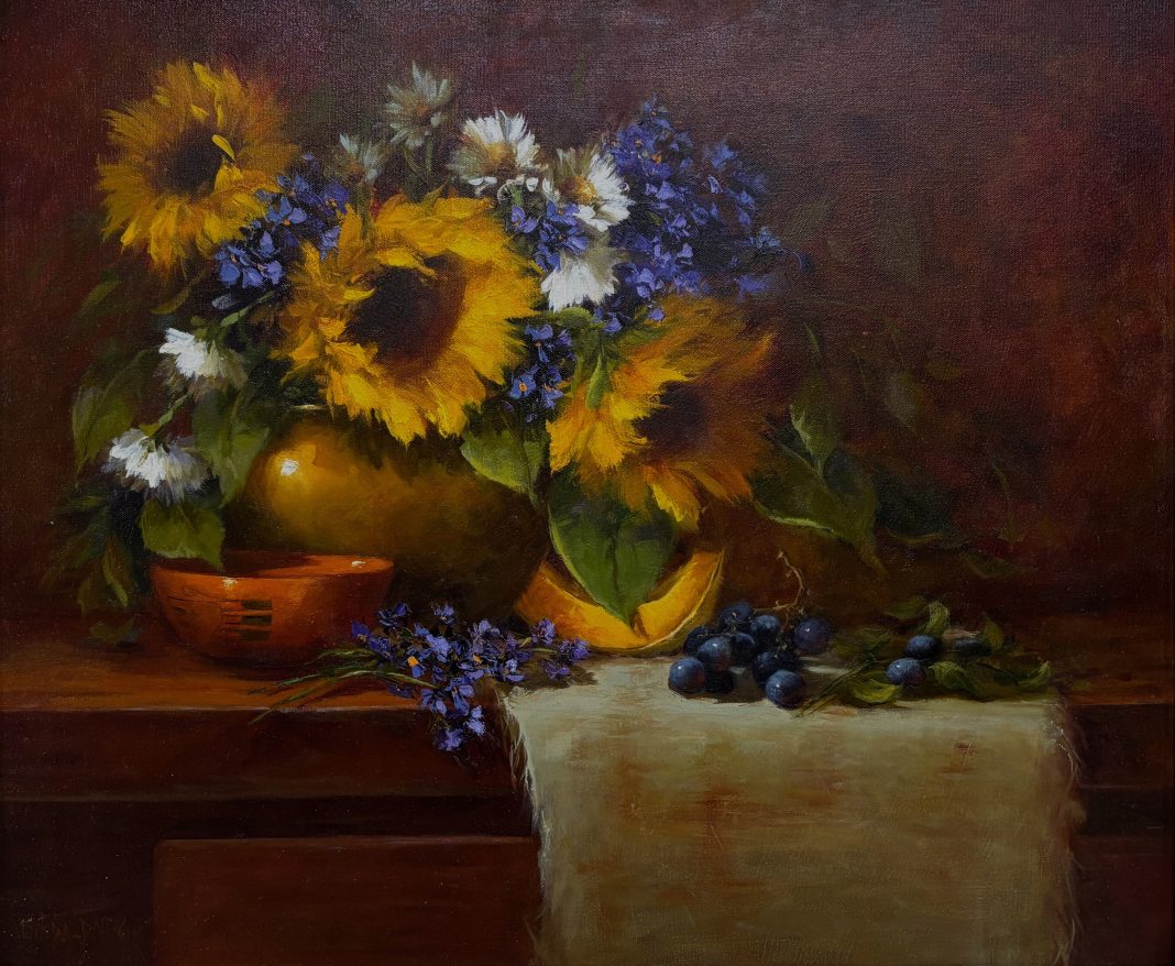 Linda Dobkin Sunflowers And Fruit stillife still life sunflower fruit flower floral oil painting