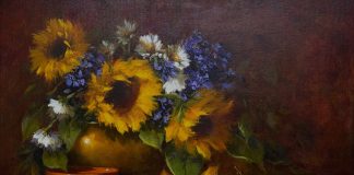 Linda Dobkin Sunflowers And Fruit stillife still life sunflower fruit flower floral oil painting