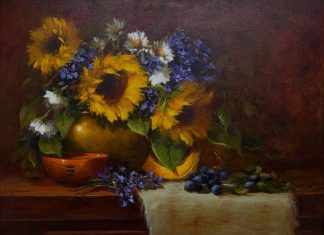 Linda Dobkin Sunflowers And Fruit stillife still life sunflower fruit flower floral oil painting