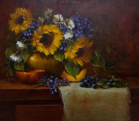Linda Dobkin Sunflowers And Fruit stillife still life sunflower fruit flower floral oil painting