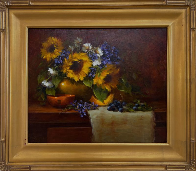 Linda Dobkin Sunflowers And Fruit stillife still life sunflower fruit flower floral oil painting framed