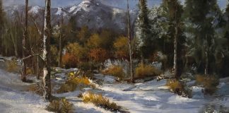 Linda Dobkin Winter Stream western landscape oil painting stream river brook wilderness forest oil paintin