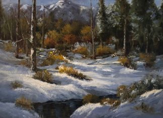 Linda Dobkin Winter Stream western landscape oil painting stream river brook wilderness forest oil paintin