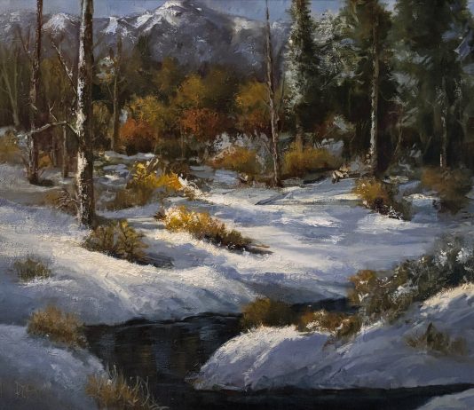 Linda Dobkin Winter Stream western landscape oil painting stream river brook wilderness forest oil paintin