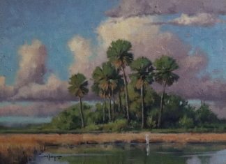 Keith Huey Ten Thousand Islands Florida everglades swamp river stream gulf palm trees clouds landscape oil painting
