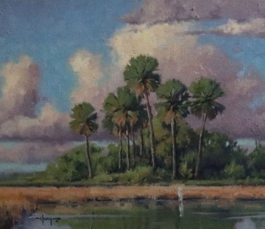 Keith Huey Ten Thousand Islands Florida everglades swamp river stream gulf palm trees clouds landscape oil painting